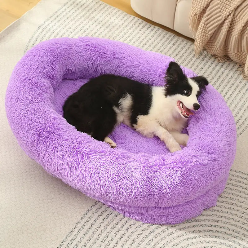Fluffy Donut-Shaped Pet Bed- Soft Cozy and Anti-Anxiety for Dogs and Cats Machine Washable Purple Size:M 75*55*18cm