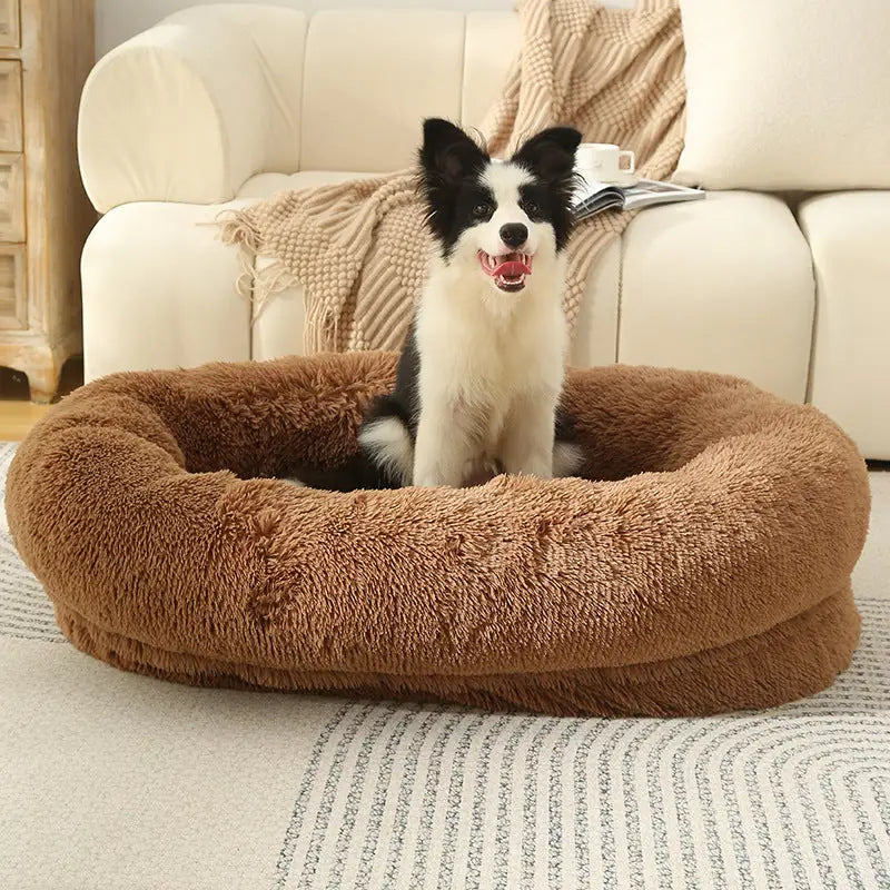 Fluffy Donut-Shaped Pet Bed- Soft Cozy and Anti-Anxiety for Dogs and Cats Machine Washable khaki Size:S 60*15*18cm