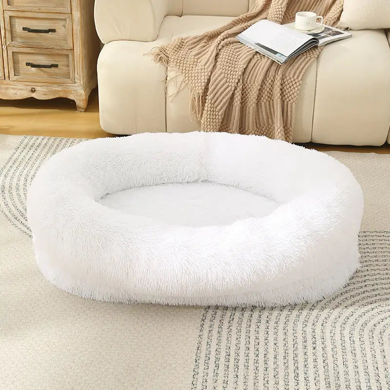 Fluffy Donut-Shaped Pet Bed- Soft Cozy and Anti-Anxiety for Dogs and Cats Machine Washable White Size:L 90*65*20cm