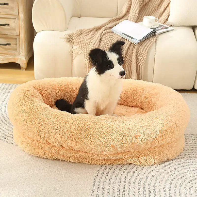 Fluffy Donut-Shaped Pet Bed- Soft Cozy and Anti-Anxiety for Dogs and Cats Machine Washable Apricot Size:L 90*65*20cm