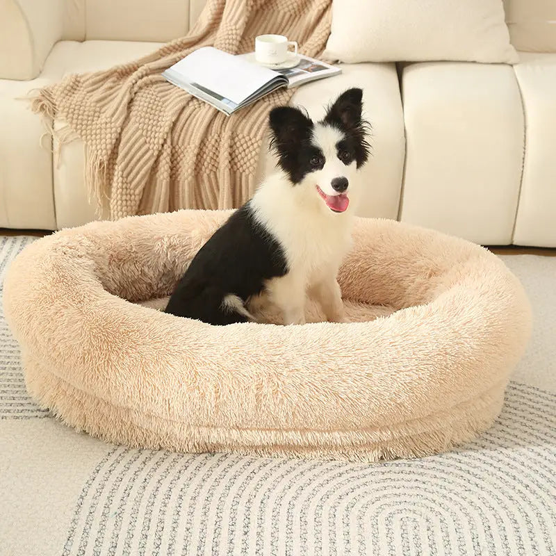 Fluffy Donut-Shaped Pet Bed- Soft Cozy and Anti-Anxiety for Dogs and Cats Machine Washable Light Brown Size:M
