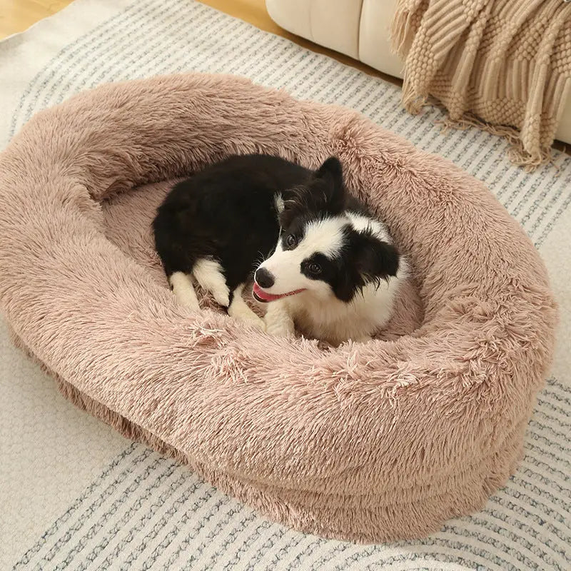 Fluffy Donut-Shaped Pet Bed- Soft Cozy and Anti-Anxiety for Dogs and Cats Machine Washable Beige Brown Size:S