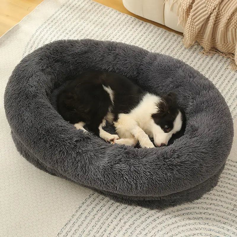 Fluffy Donut-Shaped Pet Bed- Soft Cozy and Anti-Anxiety for Dogs and Cats Machine Washable Dark Gray Size:M 75*55*18cm