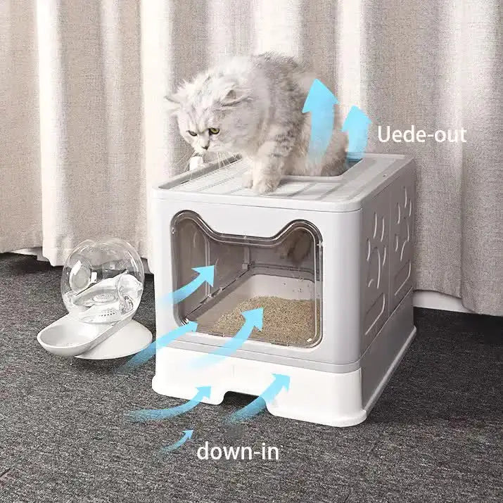 Foldable Cat Litter Box with Pull-Out Tray -Easy Cleaning and Anti-Splash Design Blue 51*41*38cm - Pet Care > Cat
