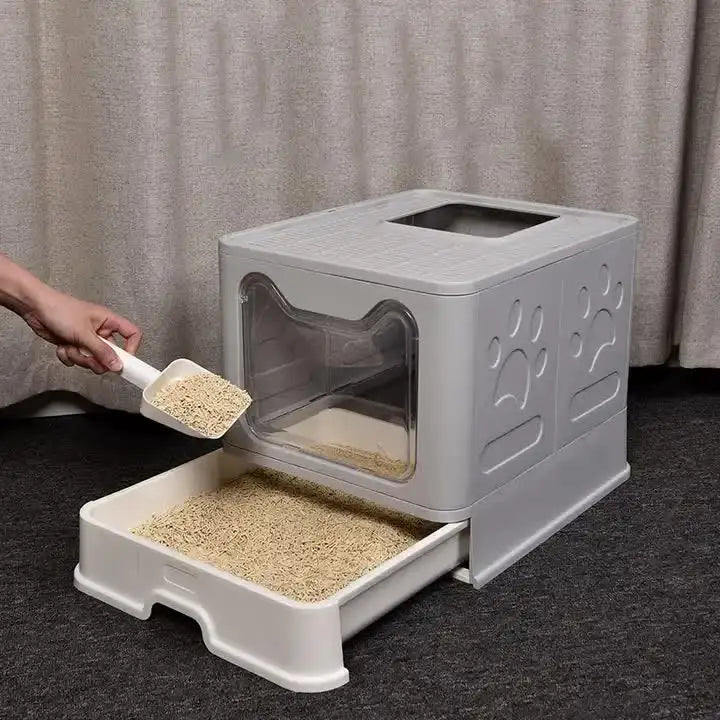 Foldable Cat Litter Box with Pull-Out Tray -Easy Cleaning and Anti-Splash Design Grey 51*41*38cm - Pet Care > Cat