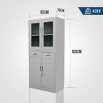 FORTIA 4-Door Lockable Steel Stationery Storage Cabinet Display Windows 2 Drawers Grey - Furniture > Office