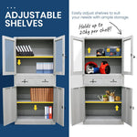 FORTIA 4-Door Lockable Steel Stationery Storage Cabinet Display Windows 2 Drawers Grey - Furniture > Office