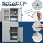 FORTIA 4-Door Lockable Steel Stationery Storage Cabinet Display Windows 2 Drawers Grey - Furniture > Office