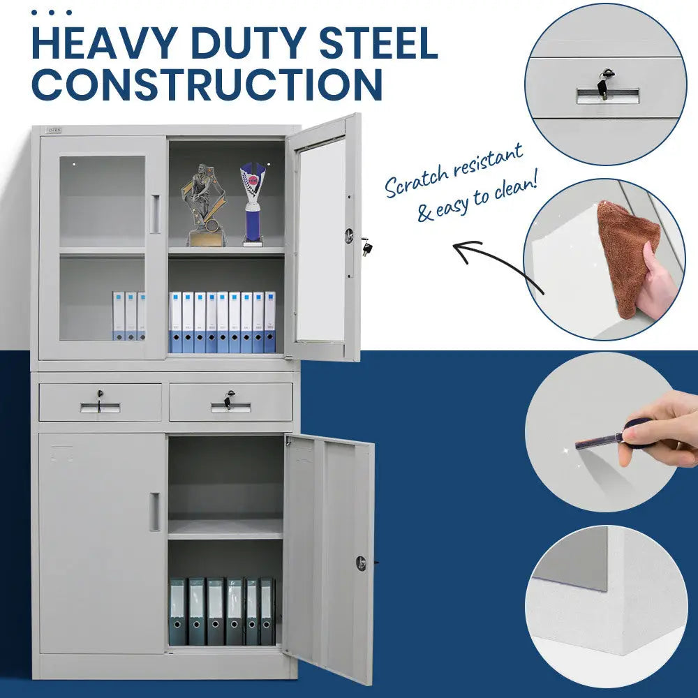 FORTIA 4-Door Lockable Steel Stationery Storage Cabinet Display Windows 2 Drawers Grey - Furniture > Office