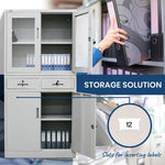 FORTIA 4-Door Lockable Steel Stationery Storage Cabinet Display Windows 2 Drawers Grey - Furniture > Office