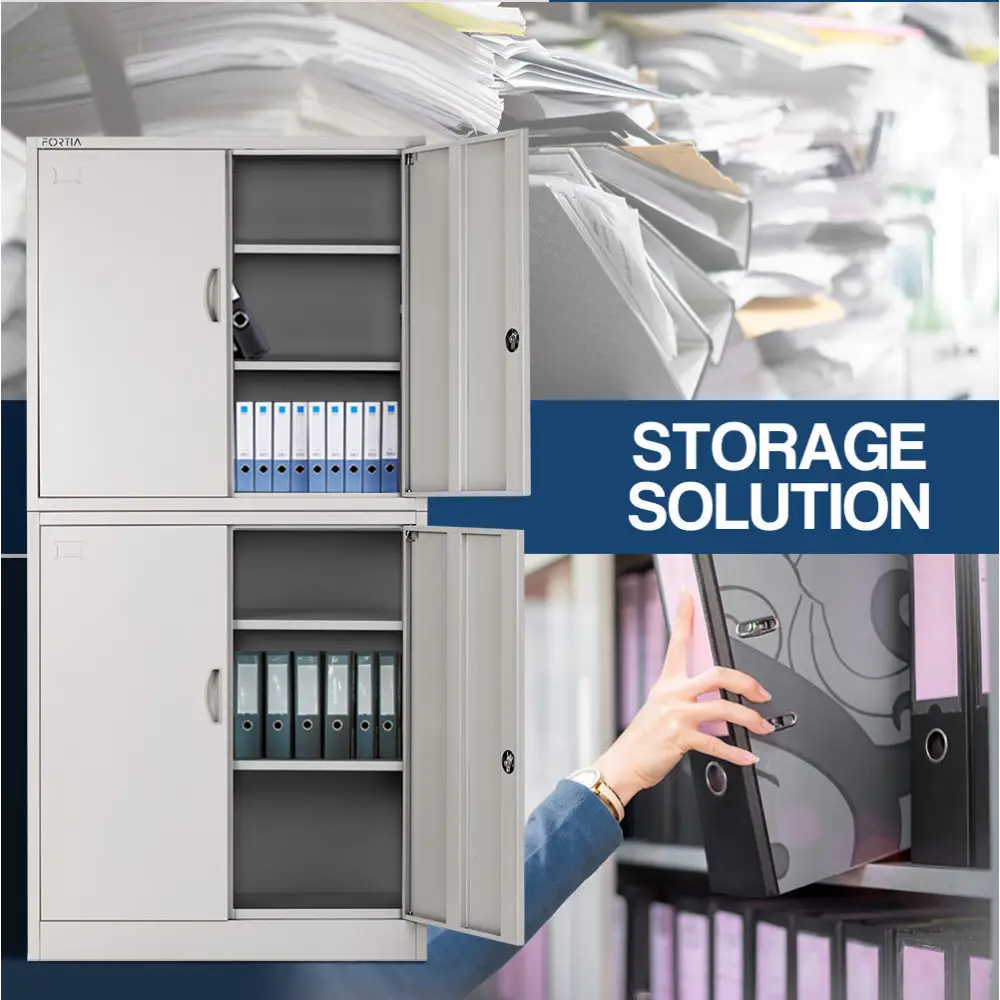 FORTIA 4-Door Steel Stationery Cabinet Cam Locks Shelves Grey - Furniture > Office