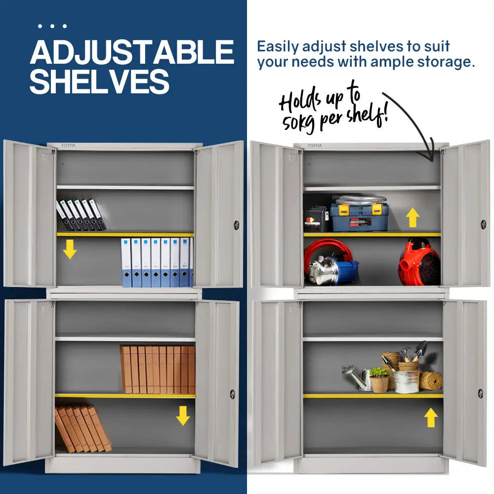 FORTIA 4-Door Steel Stationery Cabinet Cam Locks Shelves Grey - Furniture > Office