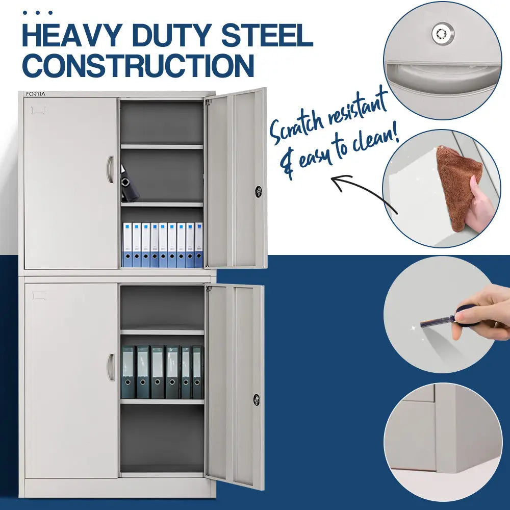 FORTIA 4-Door Steel Stationery Cabinet Cam Locks Shelves Grey - Furniture > Office
