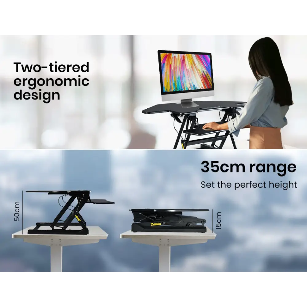 Fortia Corner Desk Riser 110cm Wide Adjustable Sit to Stand for Dual Monitor Keyboard Laptop Black - Furniture > Office