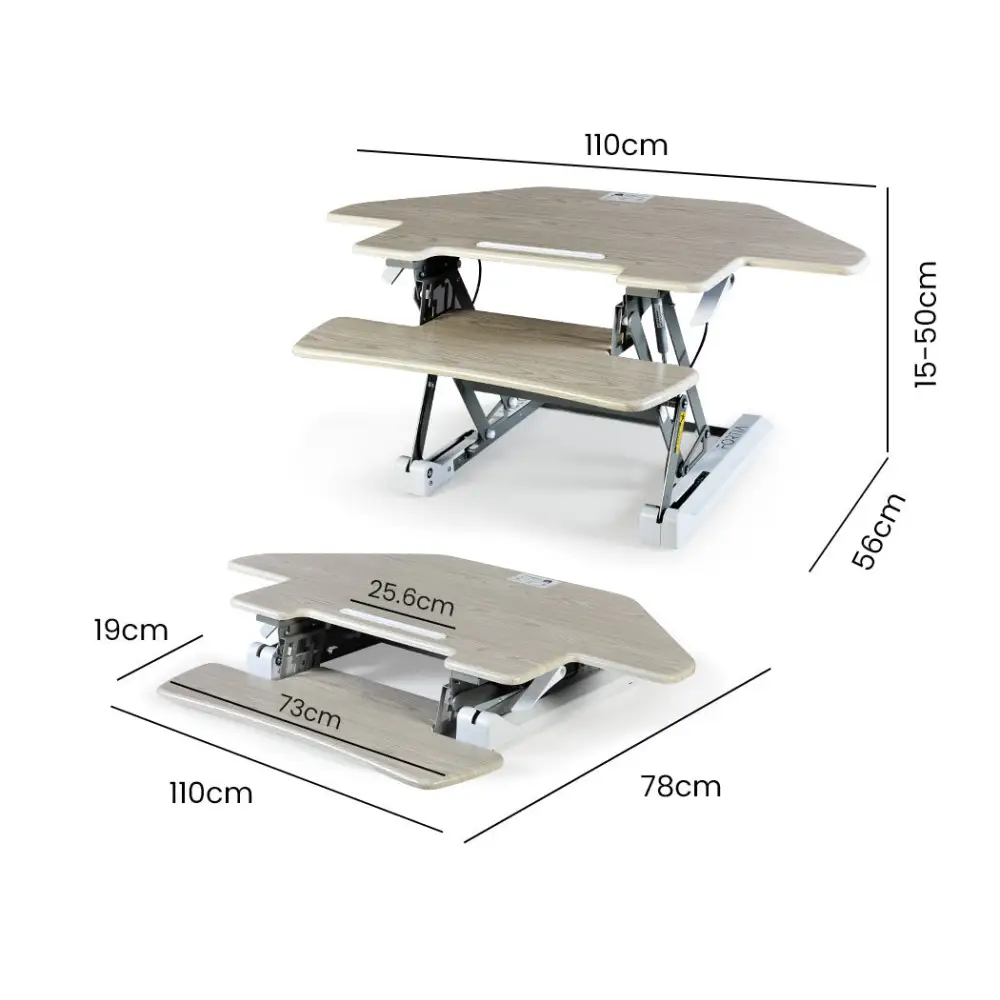 Fortia Corner Desk Riser 110cm Wide Adjustable Sit to Stand for Dual Monitor Keyboard Laptop Beech - Furniture > Office