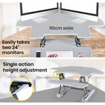 Fortia Corner Desk Riser 110cm Wide Adjustable Sit to Stand for Dual Monitor Keyboard Laptop White - Furniture > Office
