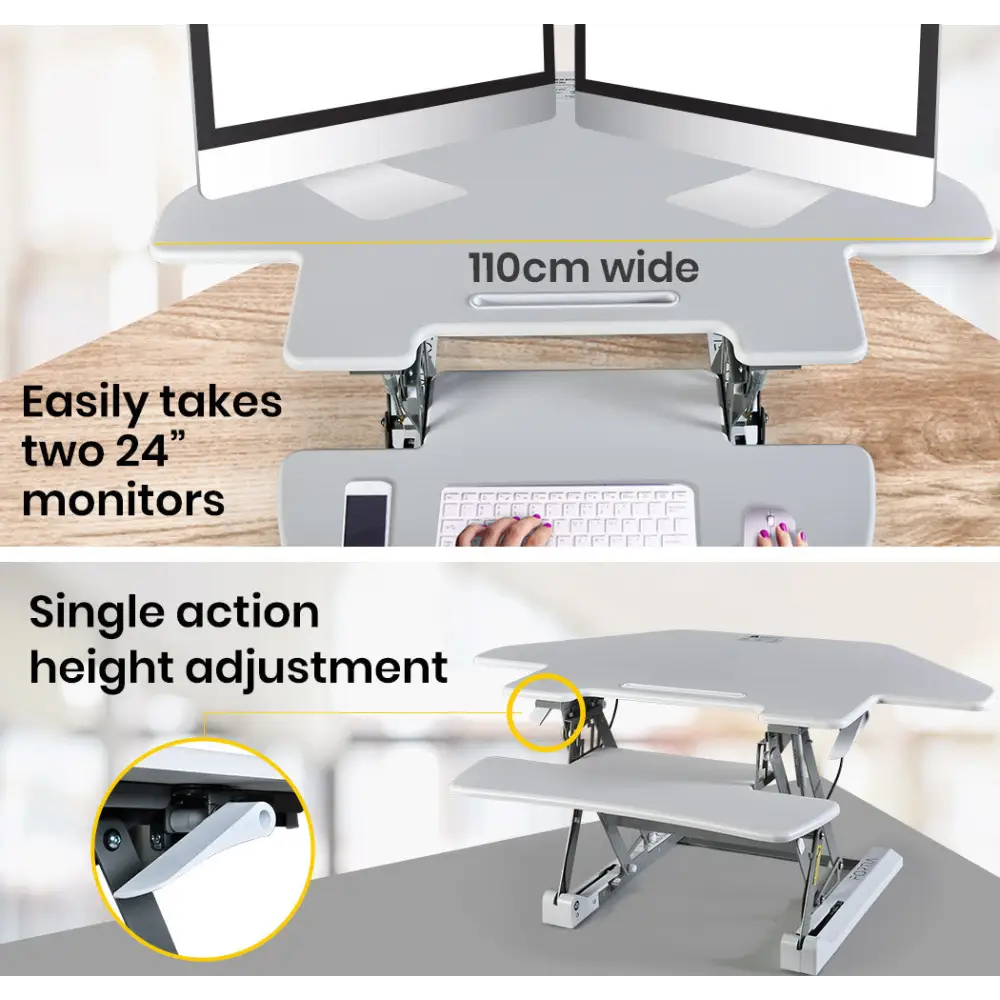 Fortia Corner Desk Riser 110cm Wide Adjustable Sit to Stand for Dual Monitor Keyboard Laptop White - Furniture > Office