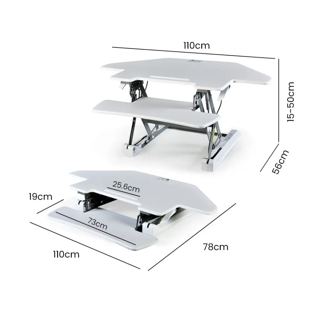 Fortia Corner Desk Riser 110cm Wide Adjustable Sit to Stand for Dual Monitor Keyboard Laptop White - Furniture > Office