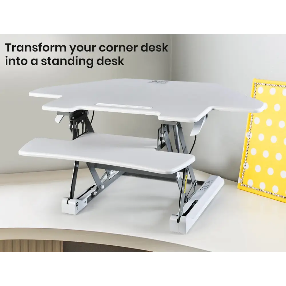 Fortia Corner Desk Riser 110cm Wide Adjustable Sit to Stand for Dual Monitor Keyboard Laptop White - Furniture > Office