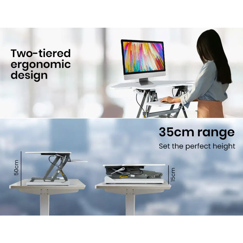 Fortia Corner Desk Riser 110cm Wide Adjustable Sit to Stand for Dual Monitor Keyboard Laptop White - Furniture > Office