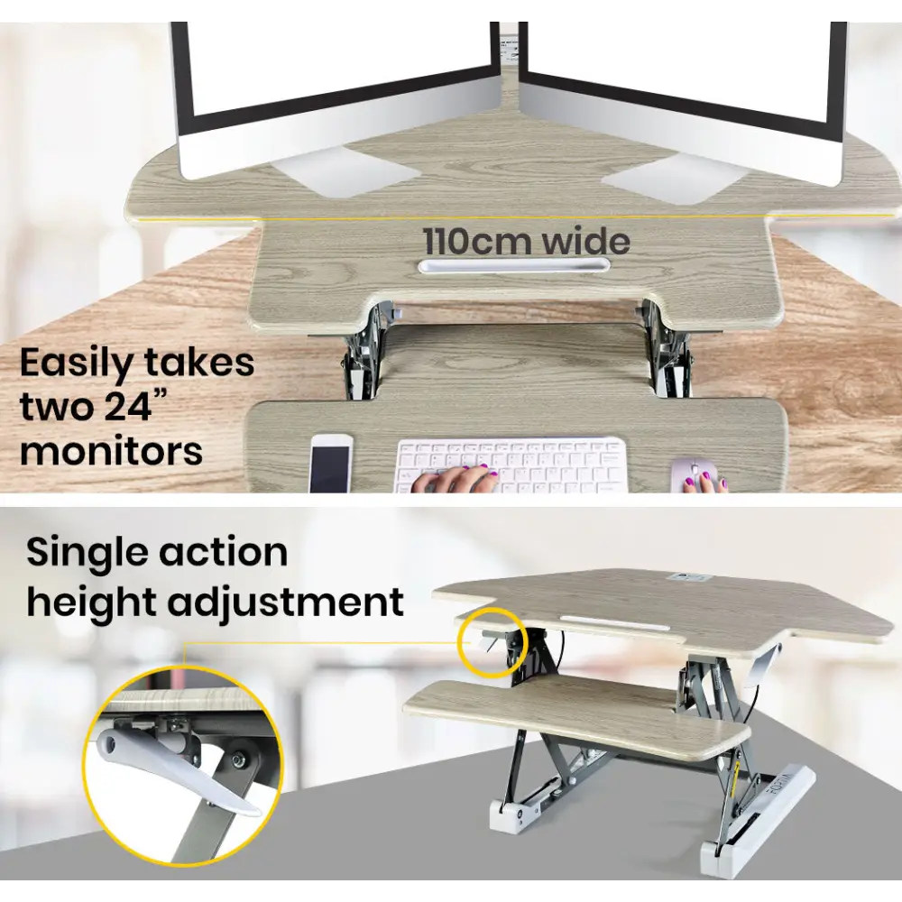 Fortia Corner Desk Riser 110cm Wide Adjustable Sit to Stand for Dual Monitor Keyboard Laptop Beech - Furniture > Office