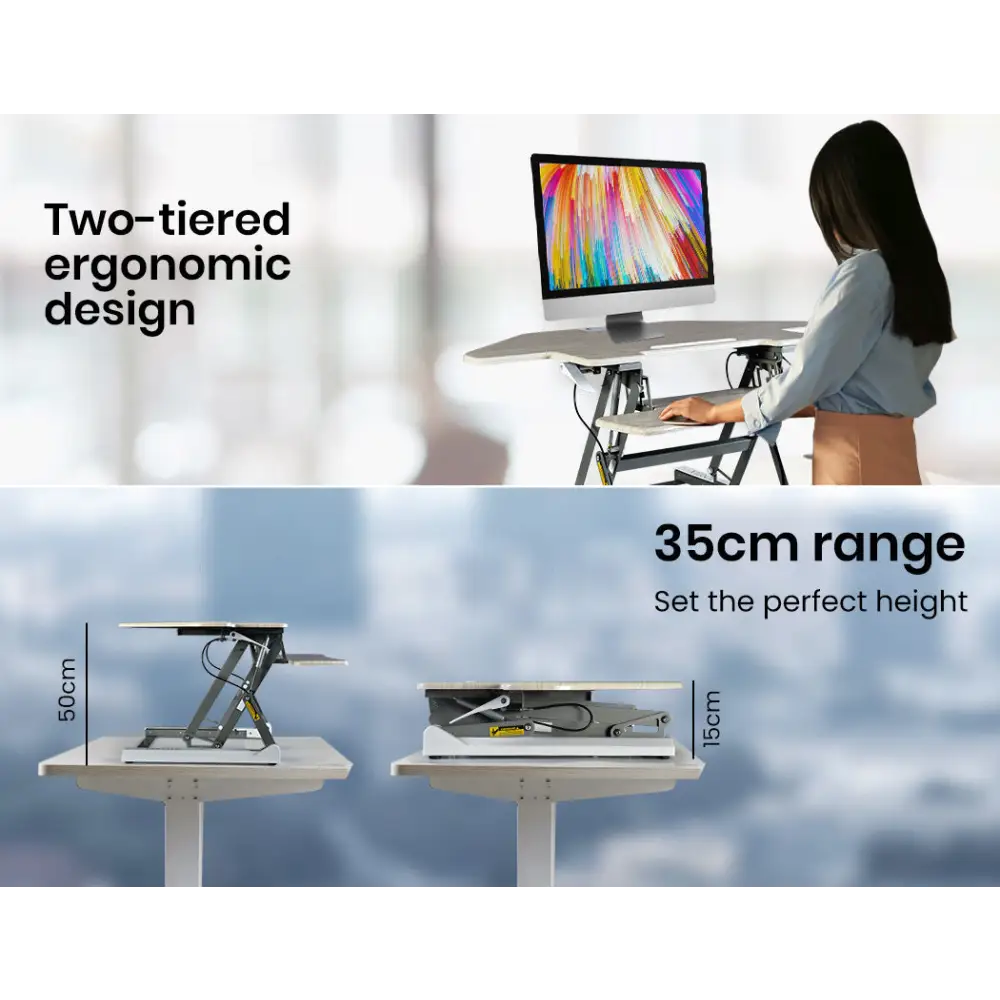 Fortia Corner Desk Riser 110cm Wide Adjustable Sit to Stand for Dual Monitor Keyboard Laptop Beech - Furniture > Office