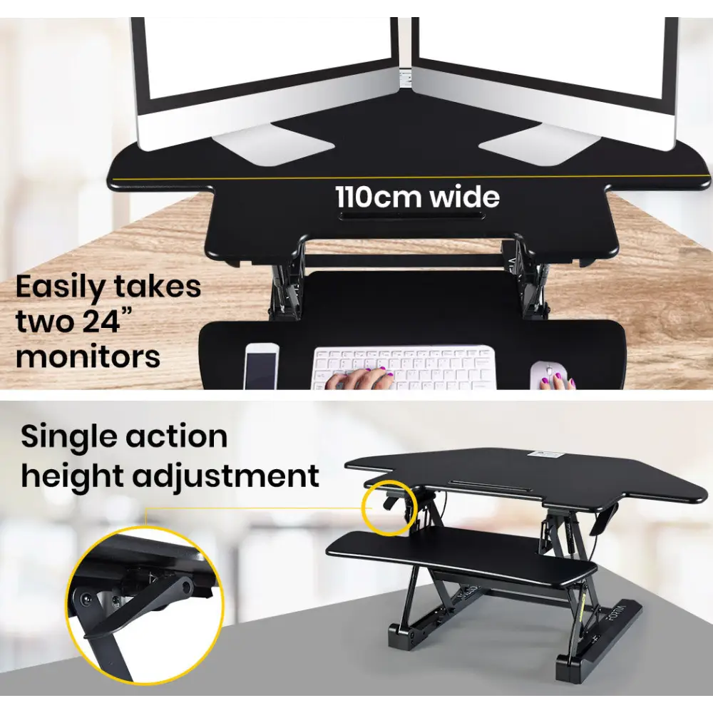 Fortia Corner Desk Riser 110cm Wide Adjustable Sit to Stand for Dual Monitor Keyboard Laptop Black - Furniture > Office