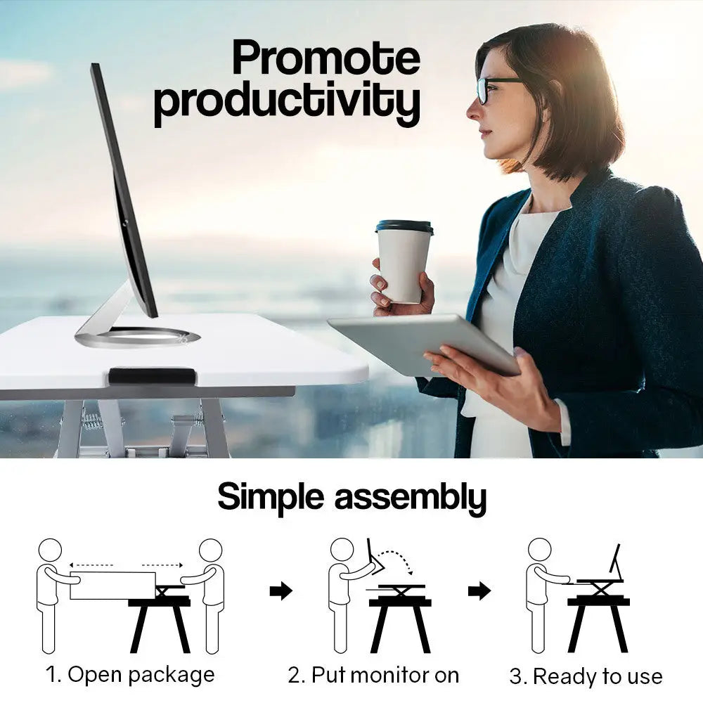 Fortia Desk Riser 74cm Wide Adjustable Sit to Stand for Dual Monitor Keyboard Laptop White - Furniture > Office