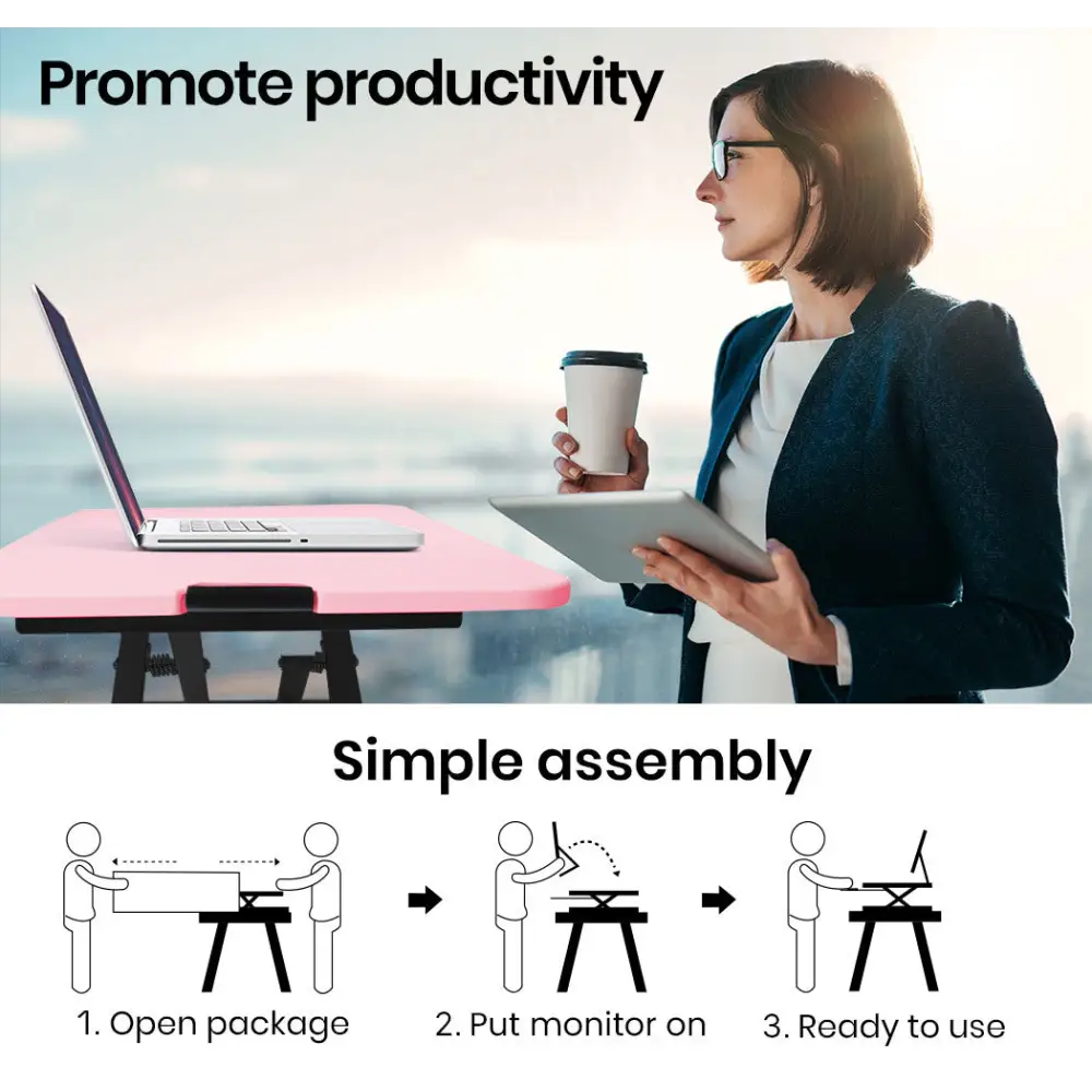 Fortia Desk Riser 74cm Wide Adjustable Sit to Stand for Dual Monitor Keyboard Laptop Pink - Furniture > Office