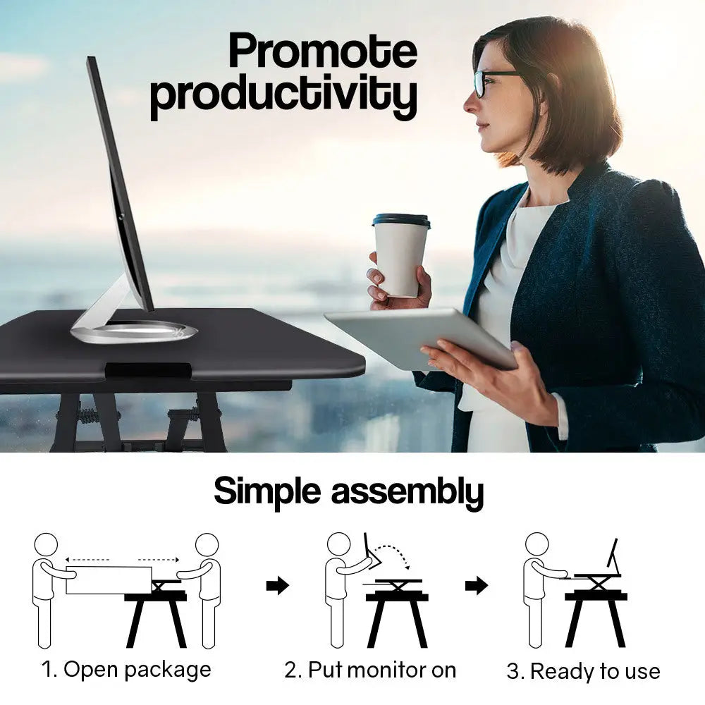 Fortia Desk Riser 74cm Wide Adjustable Sit to Stand for Dual Monitor Keyboard Laptop Black - Furniture > Office