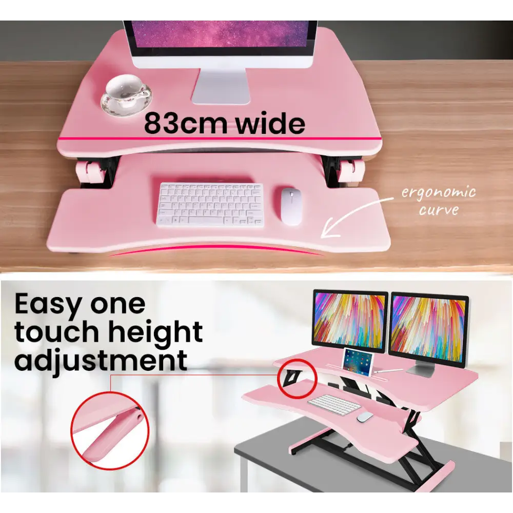Fortia Desk Riser 77cm Wide Adjustable Sit to Stand for Dual Monitor Keyboard Laptop Pink - Furniture > Office