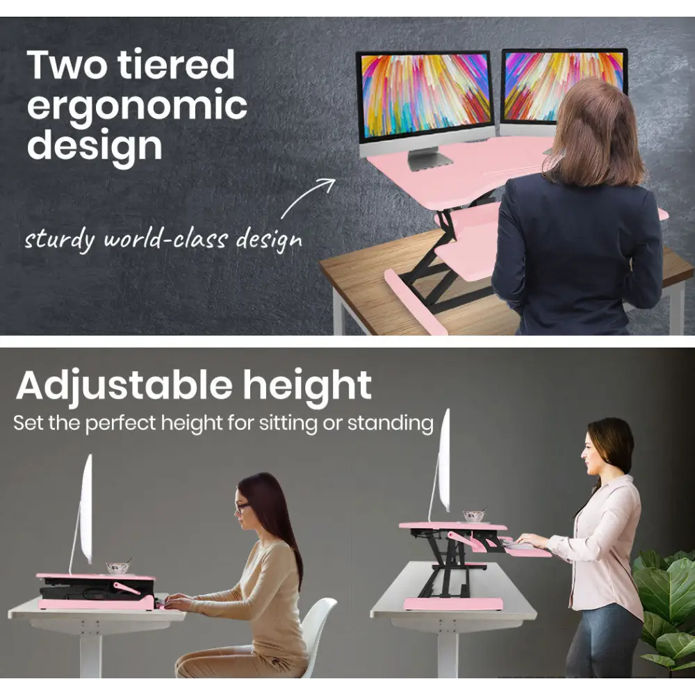 Fortia Desk Riser 77cm Wide Adjustable Sit to Stand for Dual Monitor Keyboard Laptop Pink - Furniture > Office