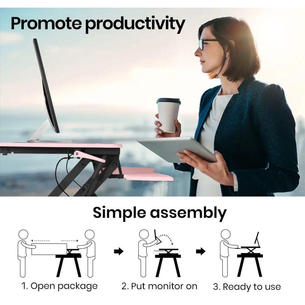 Fortia Desk Riser 90cm Wide Adjustable Sit to Stand for Dual Monitor Keyboard Laptop Pink - Furniture > Office
