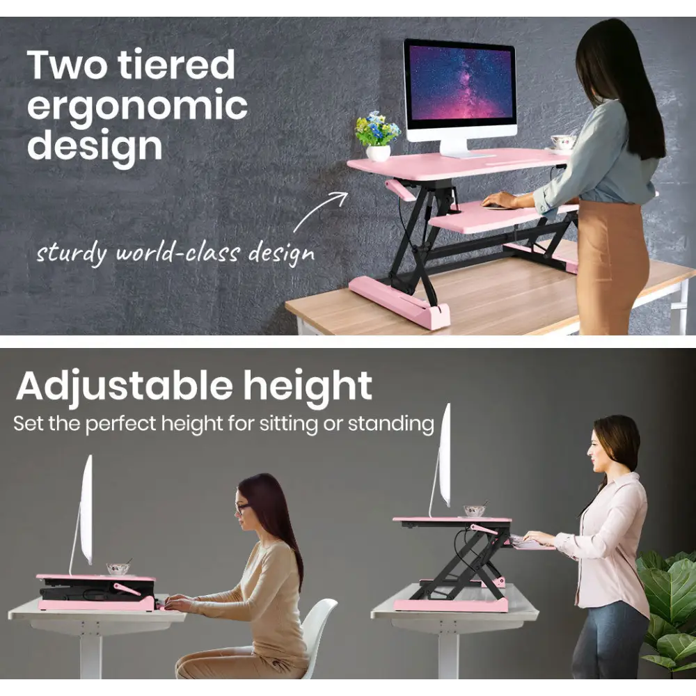 Fortia Desk Riser 90cm Wide Adjustable Sit to Stand for Dual Monitor Keyboard Laptop Pink - Furniture > Office