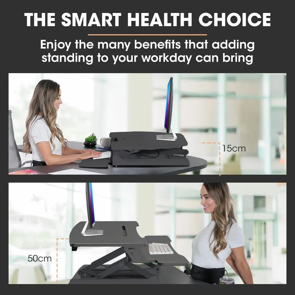 Fortia Desk Riser 90cm Wide Adjustable Sit to Stand for Dual Monitor Keyboard Laptop Black - Furniture > Office