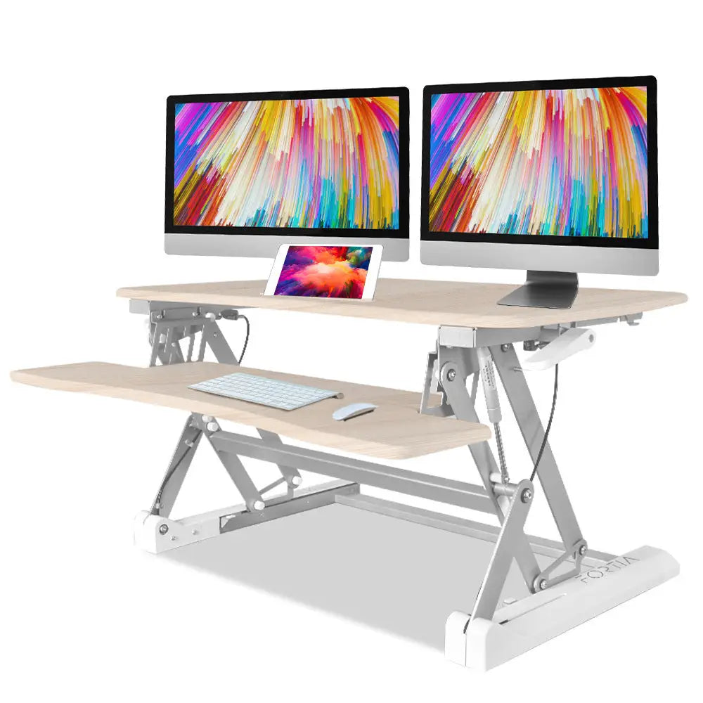 Fortia Desk Riser 90cm Wide Adjustable Sit to Stand for Dual Monitor Keyboard Laptop Beech - Furniture > Office