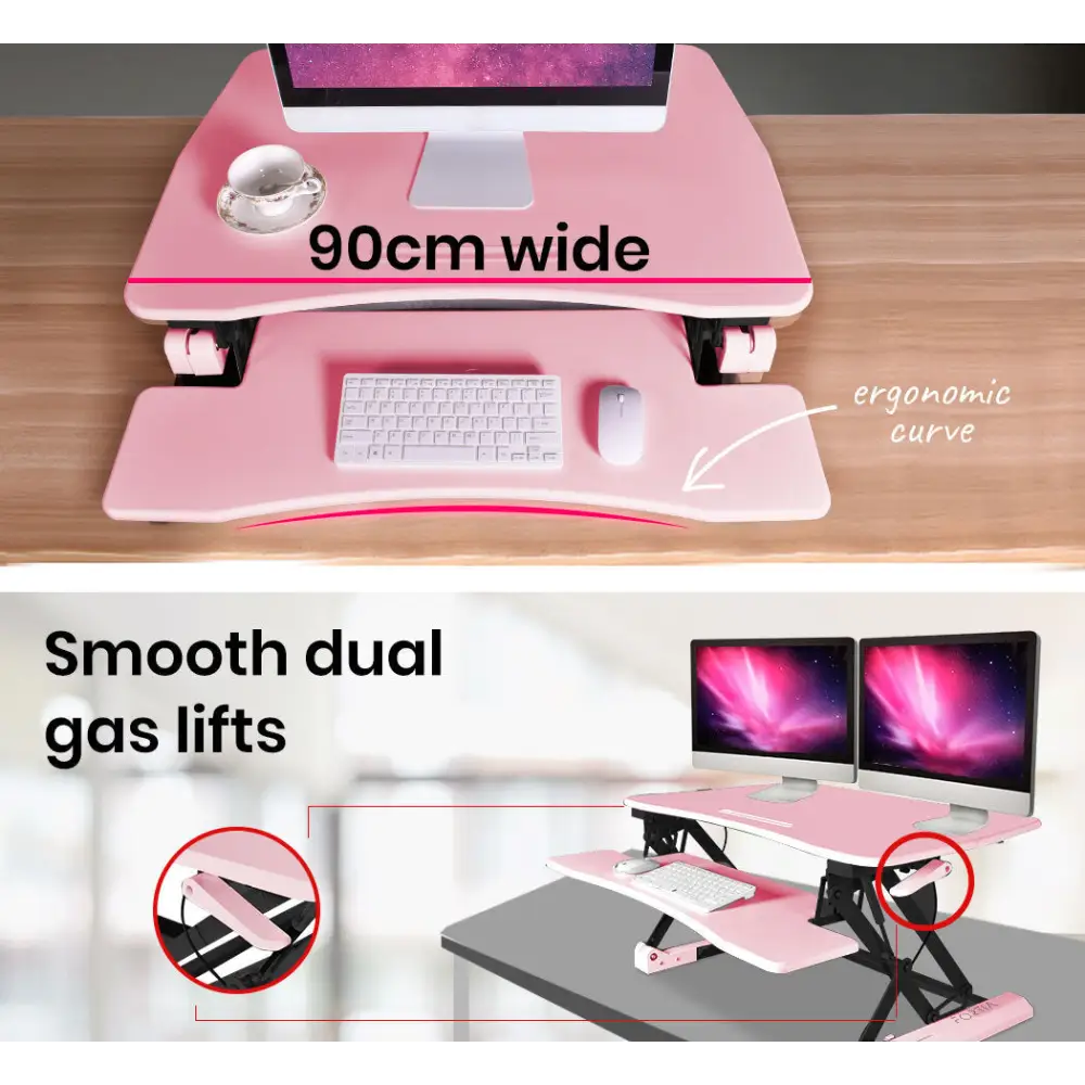 Fortia Desk Riser 90cm Wide Adjustable Sit to Stand for Dual Monitor Keyboard Laptop Pink - Furniture > Office