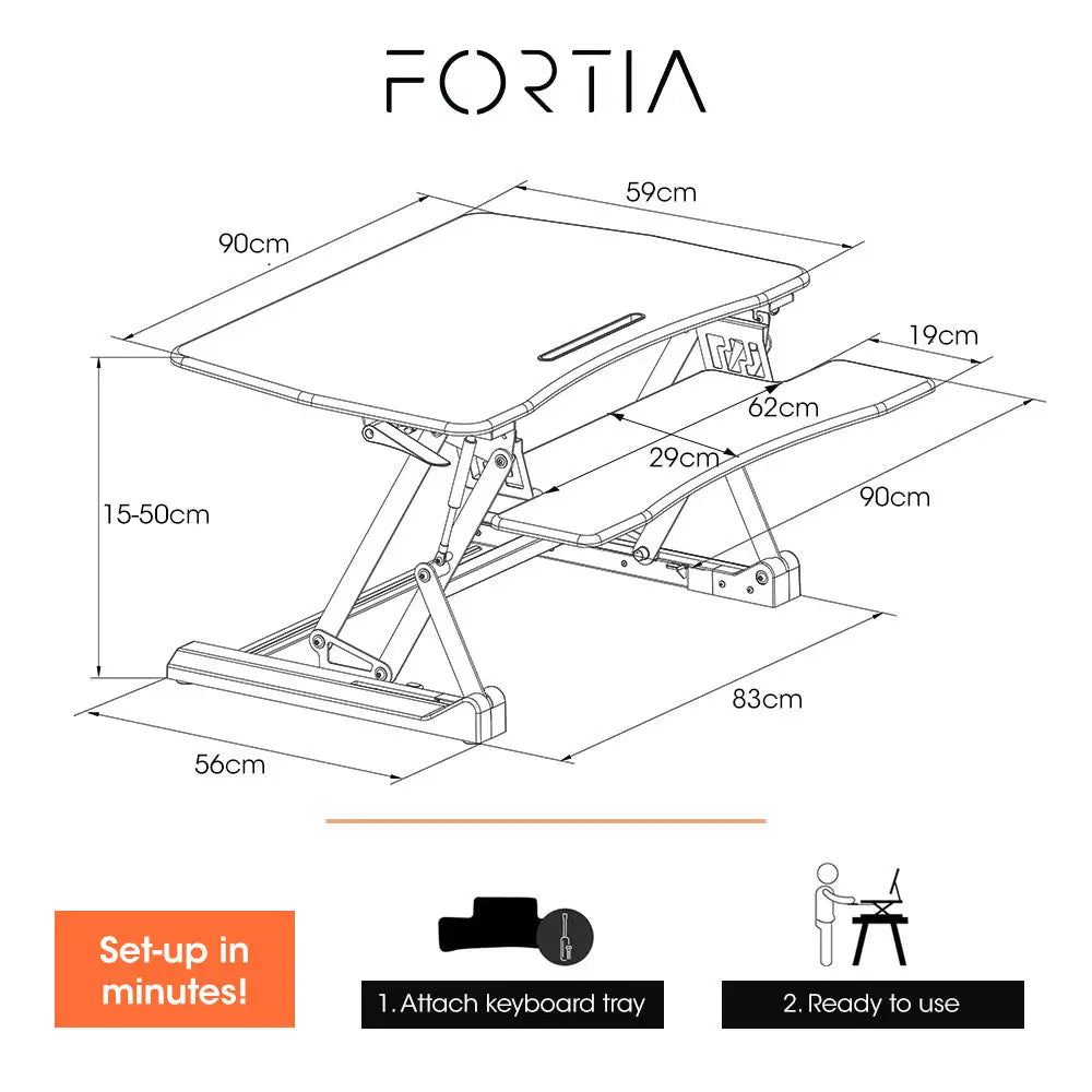 Fortia Desk Riser 90cm Wide Adjustable Sit to Stand for Dual Monitor Keyboard Laptop Black - Furniture > Office