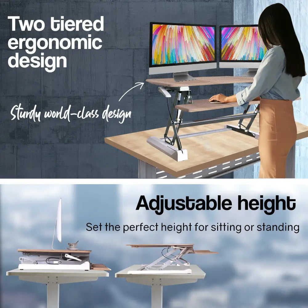 Fortia Desk Riser 90cm Wide Adjustable Sit to Stand for Dual Monitor Keyboard Laptop Beech - Furniture > Office