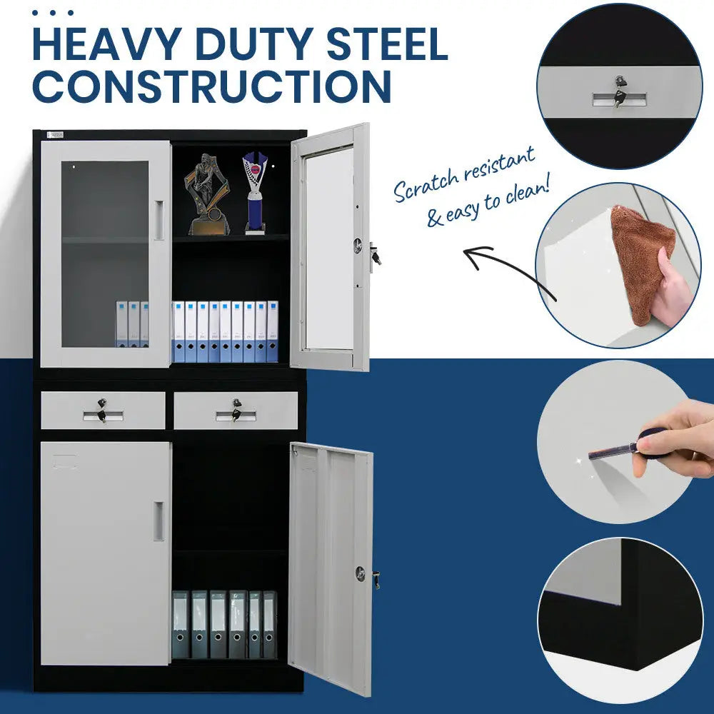 FORTIA Stationery Cabinet Office Storage Metal Lockable 4 Door Cupboard Drawers - Furniture > Office