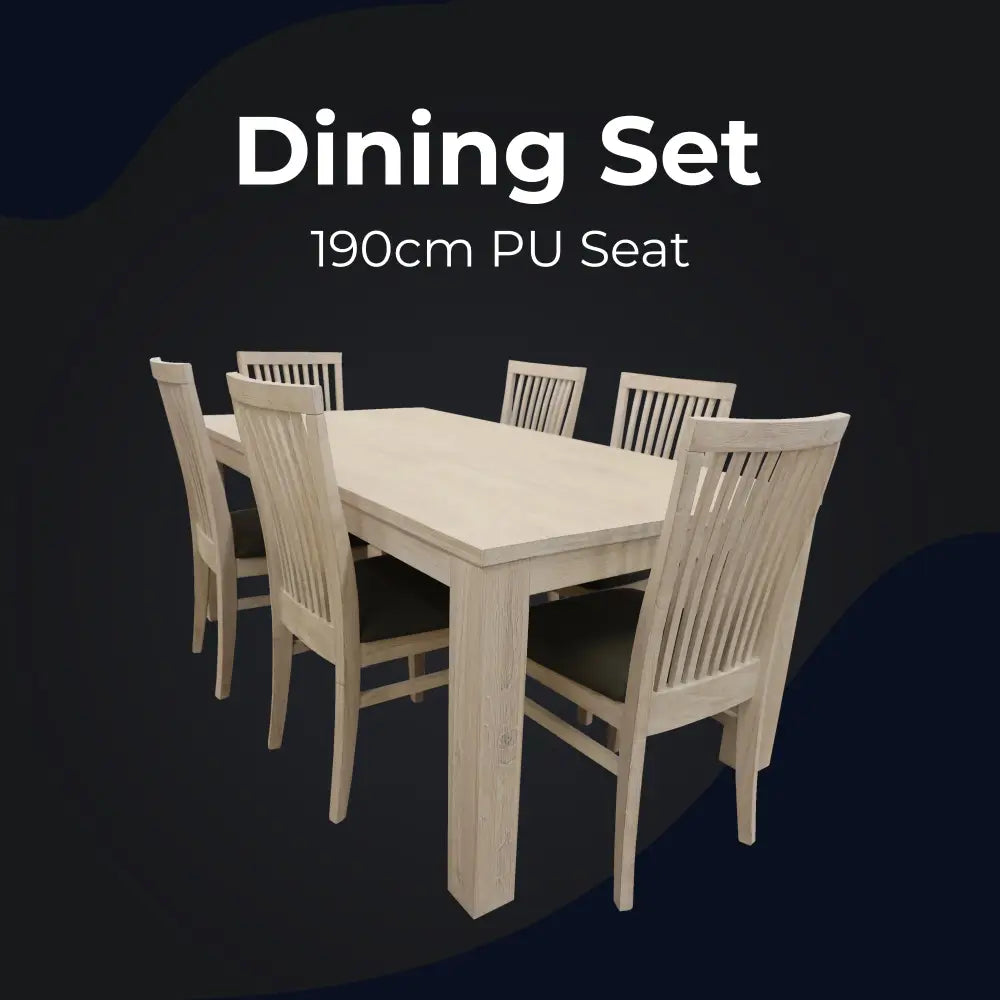 Foxglove 7pc Dining Set 190cm Table 6 PU Seat Chair Solid Mt Ash Wood - White - Furniture > Dining
