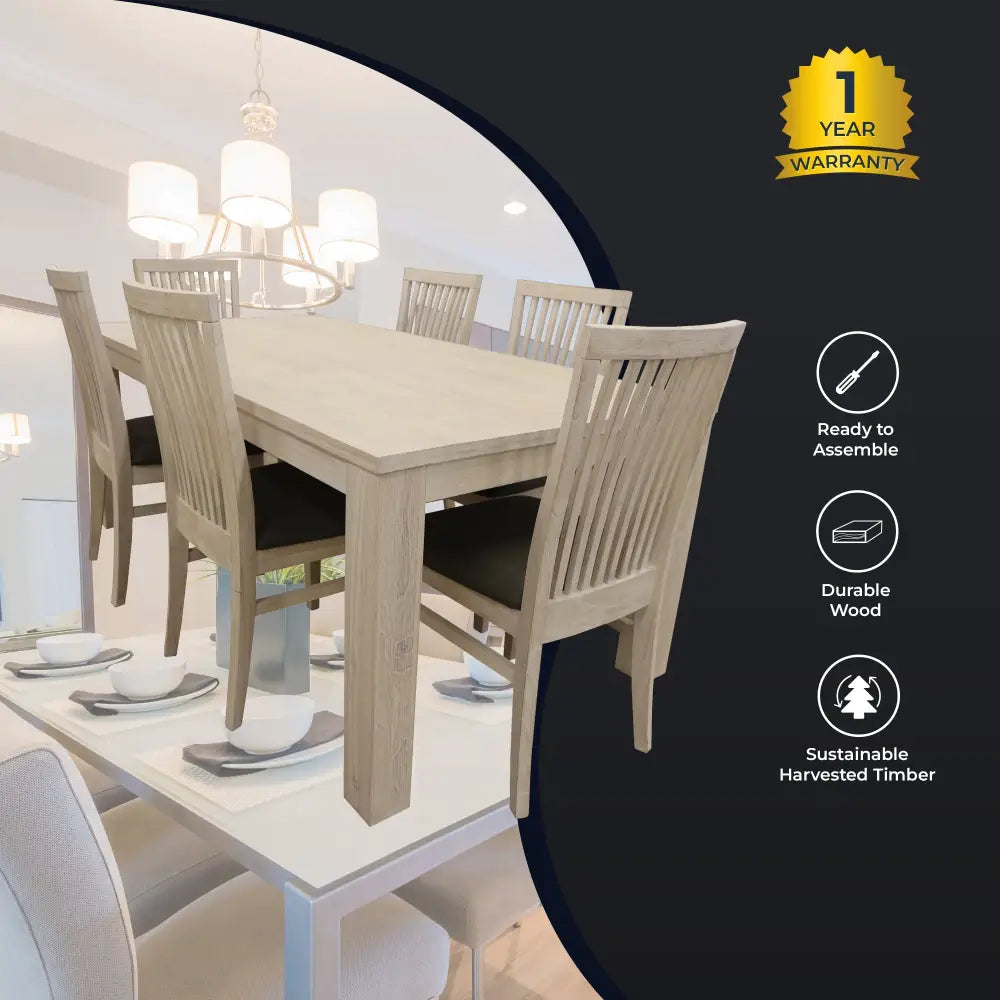 Foxglove 7pc Dining Set 190cm Table 6 PU Seat Chair Solid Mt Ash Wood - White - Furniture > Dining