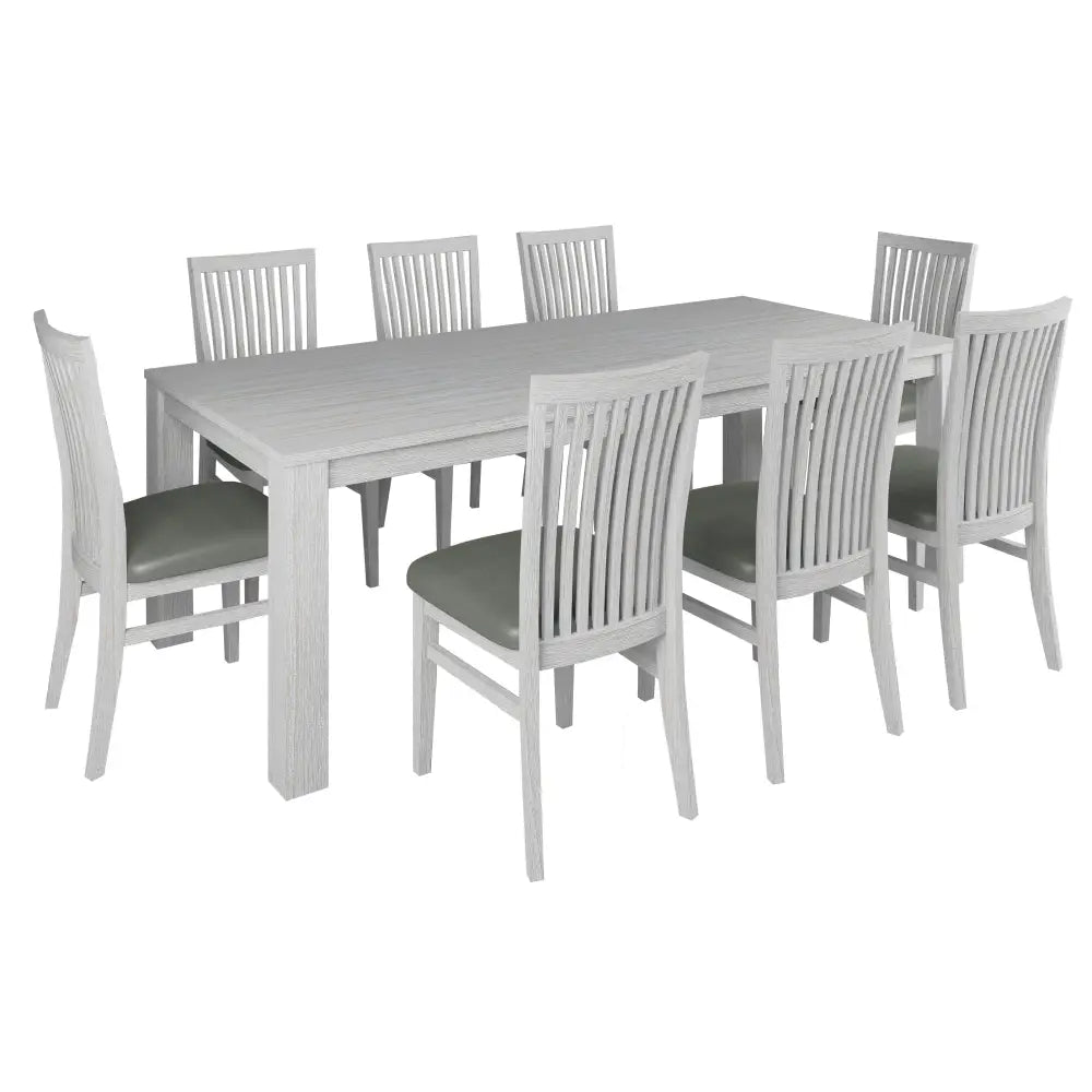 Foxglove 9pc Dining Set 225cm Table 8 PU Seat Chair Solid Mt Ash Wood - White - Furniture > Dining