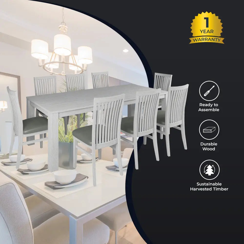Foxglove 9pc Dining Set 225cm Table 8 PU Seat Chair Solid Mt Ash Wood - White - Furniture > Dining