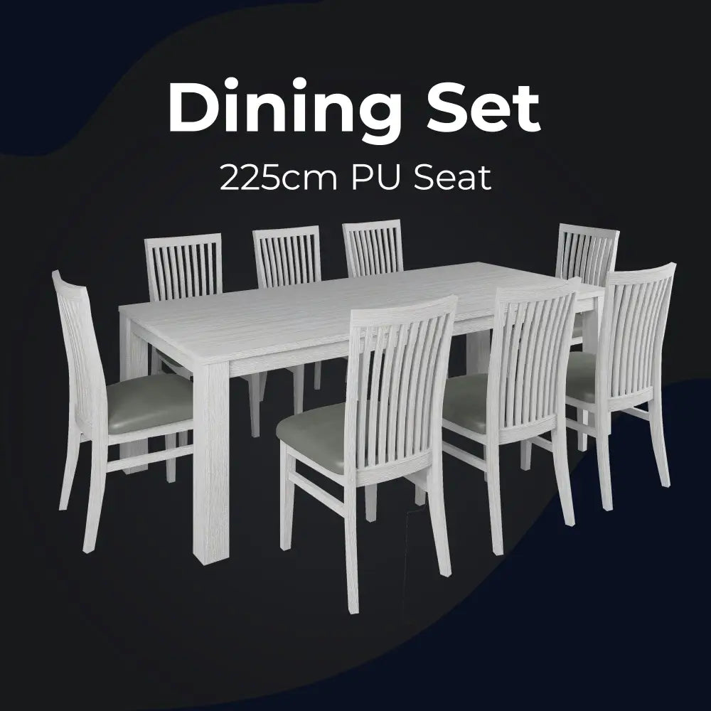 Foxglove 9pc Dining Set 225cm Table 8 PU Seat Chair Solid Mt Ash Wood - White - Furniture > Dining