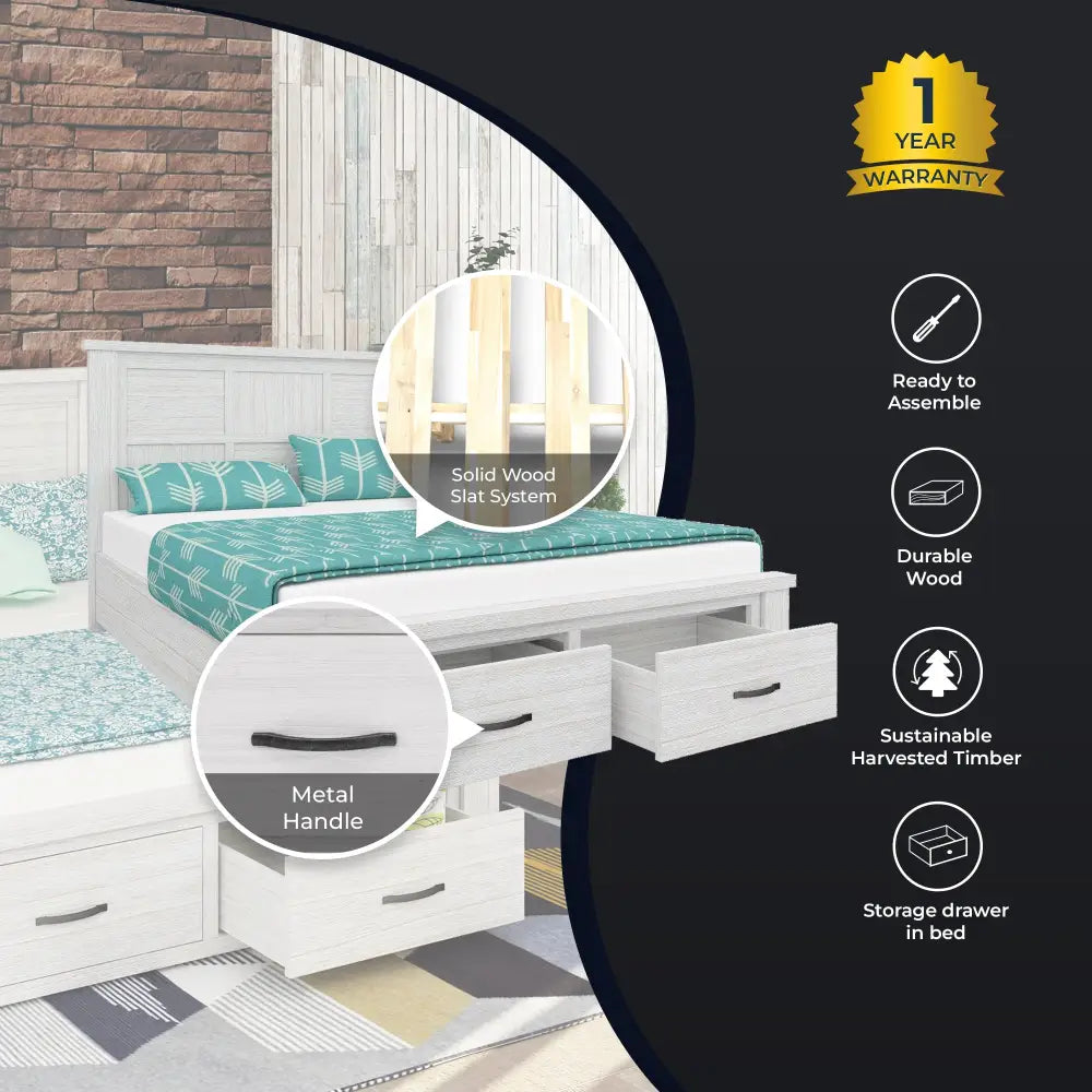 Foxglove Bed Frame Queen Size Timber Mattress Base With Storage Drawers - White - Furniture > Bedroom > Beds & Bed