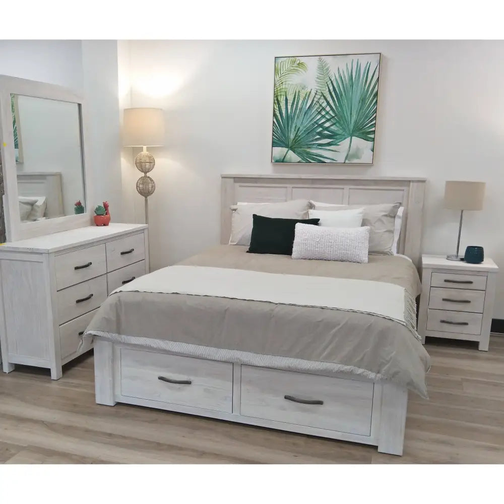 Foxglove Bed Frame Queen Size Timber Mattress Base With Storage Drawers - White - Furniture > Bedroom > Beds & Bed