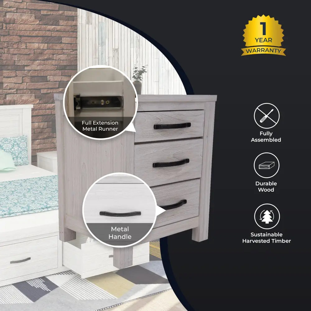 Foxglove Bedside Tables 3 Drawers Storage Cabinet Shelf Side End Table - White - Furniture > Living Room > Bookcases &