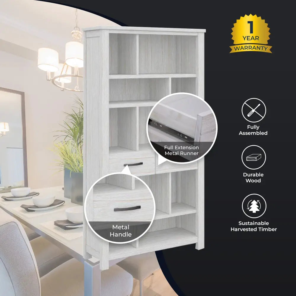 Foxglove Bookshelf Bookcase 5 Tier 2 Drawers Solid Mt Ash Timber Wood - White - Furniture > Living Room