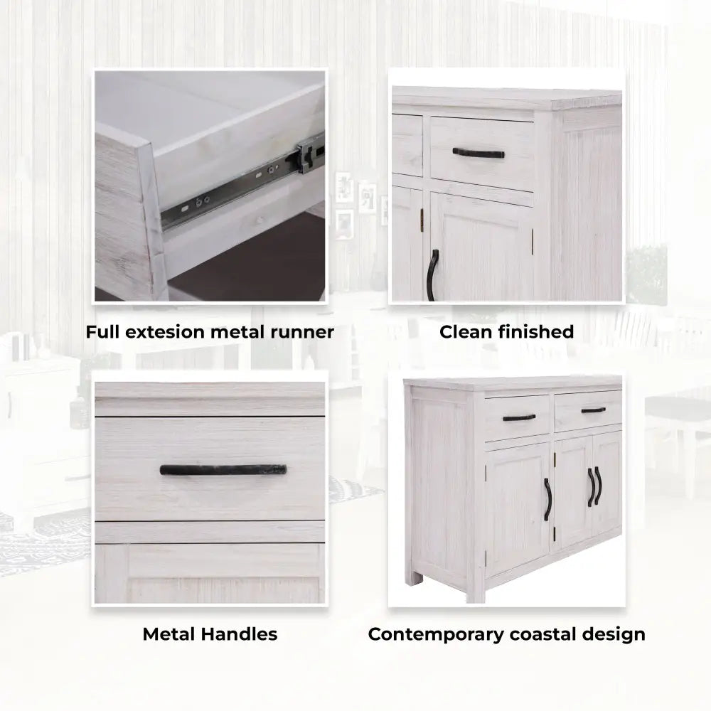 Foxglove Buffet Table 158cm 4 Door 3 Drawer Solid Mt Ash Timber Wood - White - Furniture > Living Room